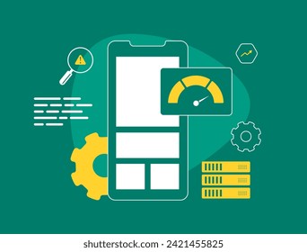 Optimización del rendimiento del sitio web móvil. Impulsar el SEO con tiempos de carga más rápidos. Navegador Smartphone con velocímetro, mejorando la experiencia del usuario y los rankings de los motores de búsqueda. Ilustración vectorial con iconos