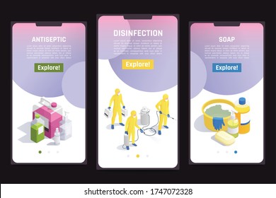 Mobile website templates set with products for sanitizing and people doing disinfection 3d isometric isolated on black background vector illustration