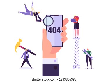 Mobile Website Under Construction. 404 Page Maintenance with Characters Workers in Uniform Repairing Network Problem. Web Page Not Found. Vector illustration