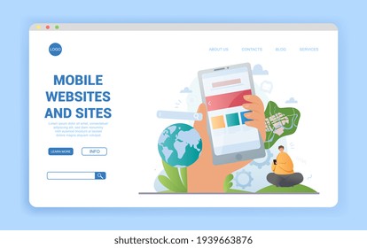 Mobile Websites and Sites landing page with globe and map alongside a hand holding a smartphone and man on laptop, colored vector illustration for a website template