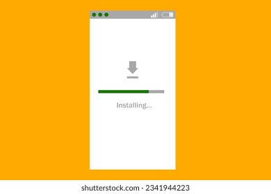 estación web móvil blanca con flecha abajo, línea de descarga verde y signo de "instalación"