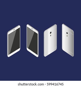 Mobile white,silver phone isometric and icons vector illustraion. Isometric smart-phone.