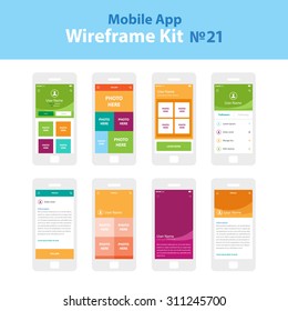 Mobile Wireframe App Ui KIt 21. User profile main screen, user gallery screen, user photos screen, user followers/following screen, user profile information screen, user profile with photos screen.