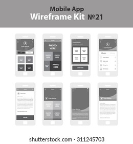 Mobile Wireframe App Ui KIt 21. User profile main screen, user gallery screen, user photos screen, user followers/following screen, user profile information screen, user profile with photos screen.