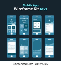 Mobile Wireframe App Ui KIt 21. User profile main screen, user gallery screen, user photos screen, user followers/following screen, user profile information screen, user profile with photos screen.