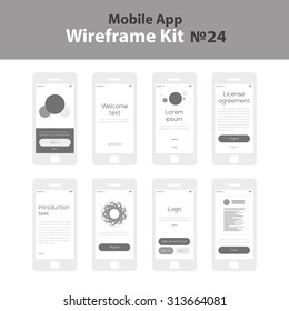 Mobile wireframe app ui kit 24. Sign in screen, welcome screen, tutorial screen, license agreement screen, introduction screen, register screen, sign up screen, layout screen.