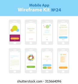 Mobile wireframe app ui kit 24. Sign in screen, welcome screen, tutorial screen, license agreement screen, introduction screen, register screen, sign up screen, layout screen.