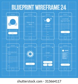 Mobile wireframe app ui kit 24. Sign in screen, welcome screen, tutorial screen, license agreement screen, introduction screen, register screen, sign up screen, layout screen.