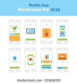 Mobile wireframe app ui kit 26. Location walkthrough screen, computer monitoring walkthrough screen, plant walkthrough screen, mobile walkthrough screen, have a break screen, knowledges library screen