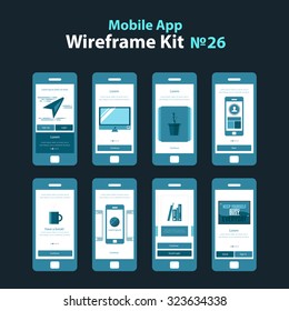 Mobile wireframe app ui kit 26. Location walkthrough screen, computer monitoring walkthrough screen, plant walkthrough screen, mobile walkthrough screen, have a break screen, knowledges library screen