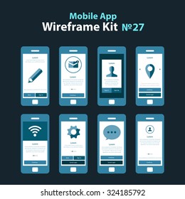 Mobile Wireframe App Ui Kit 27. Sign in walkthrough screen, mail walkthrough screen, user profile walkthrough screen, pin location walkthrough screen, wireless connection walkthrough screen, settings