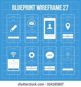 Mobile Wireframe App Ui Kit 27. Sign in walkthrough screen, mail walkthrough screen, user profile walkthrough screen, pin location walkthrough screen, wireless connection walkthrough screen, settings