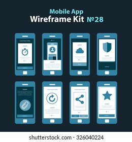 Mobile Wireframe App UI Kit 28. Stopwatch screen, user profile walkthrough screen, sync cloud screen, software protection screen, add file screen, refresh info screen, embbed information screen.