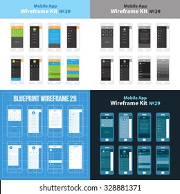 Mobile Wireframe App UI Kit 29. Category menu screen, sidebar menu screen, about us information screen, menu view screen, user profile info screen, menu dropdown screen, weather information screen.