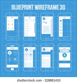 Mobile WIreframe App UI Kit 30. Dropdown menu screen, search menu screen, user profile info screen, menu categories screen, category buttons screen, sidebar menu screen, user profile location screen.