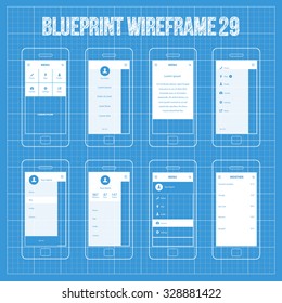 Mobile Wireframe App UI Kit 29. Category menu screen, sidebar menu screen, about us information screen, menu view screen, user profile info screen, menu dropdown screen, weather information screen.