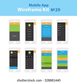 Mobile Wireframe App UI Kit 29. Category Menu Screen, Sidebar Menu Screen, About Us Information Screen, Menu View Screen, User Profile Info Screen, Menu Dropdown Screen, Weather Information Screen.