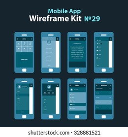 Mobile Wireframe App UI Kit 29. Category menu screen, sidebar menu screen, about us information screen, menu view screen, user profile info screen, menu dropdown screen, weather information screen.