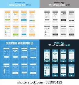 Mobile Wireframe App UI Kit 31. Piechart info screen, map info screen, peek data screen, horizontal chart screen, column statistic screen, vertical chart screen, peak data screen, line chart screen.