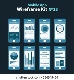 Mobile Wireframe App UI Kit 33. Peak data screen, growth statistic screen, dashboard screen, chart screen, piechart info screen, vertical chart screen, comparison screen, horizontal chart screen.