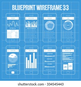 Mobile Wireframe App UI Kit 33. Peak data screen, growth statistic screen, dashboard screen, chart screen, piechart info screen, vertical chart screen, comparison screen, horizontal chart screen.