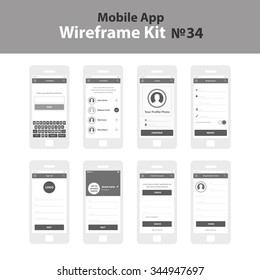 Mobile wireframe app ui kit 34. Invitation screen, Social screen, registration screen, sign up screen, create account screen, registration form screen.