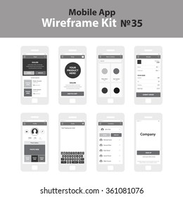 Mobile Wireframe App Ui Kit 35. Feed Screen, Shop Screen, Men's Clothes Screen, Receipt Screen, Profile Screen, Drafts Screen, Invitation Screen, Splash Screen.