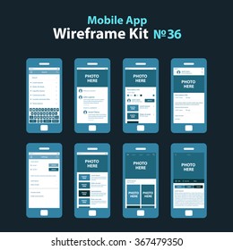 Mobile wireframe app ui kit 36. Search screen, blog commentaries screen, description info screen, user profile description screen, settings screen, blog posts list screen, image gallry view screen.
