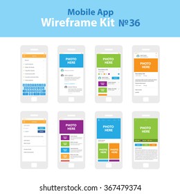 Mobile wireframe app ui kit 36. Search screen, blog commentaries screen, description info screen, user profile description screen, settings screen, blog posts list screen, image gallry view screen.