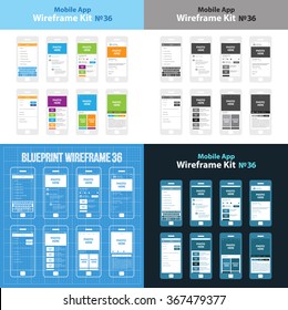 Mobile wireframe app ui kit 36. Search screen, blog commentaries screen, description info screen, user profile description screen, settings screen, blog posts list screen, image gallry view screen.