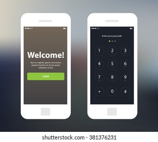 Mobile wireframe app ui kit. Welcome invitation screen and enter passcode screen.