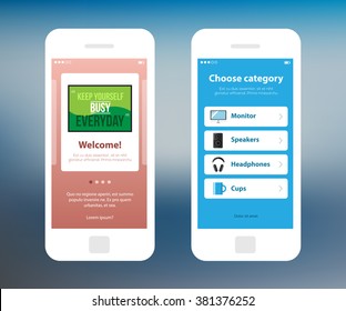 Mobile wireframe app ui kit. Information slide screen and choose category screen.