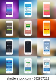 Mobile wireframe app ui kit. Welcome social login screen, choose category screen, sign in screen, slide info screen, passcode screen, profile settings screen, welcome date planner screen
