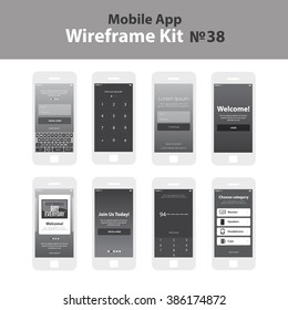Mobile wireframe app ui kit 38. Authorize login screen, join us screen, enter your passcode screen, sign in screen, welcome screen, motivation tutorial slide screen, number security screen, category