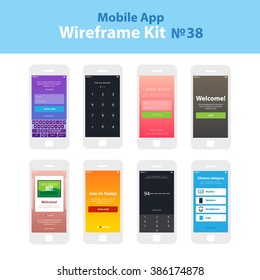 Mobile wireframe app ui kit 38. Authorize login screen, join us screen, enter your passcode screen, sign in screen, welcome screen, motivation tutorial slide screen, number security screen, category