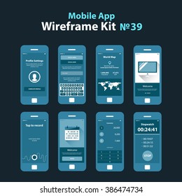 Mobile wireframe app ui kit 39. Profile settings screen, social login screen, world map screen, welcome screen, tap to record screen, plan schedule tutorial screen, converter screen, stopwatch screen