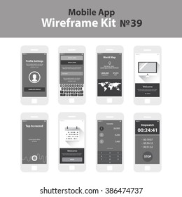 Mobile wireframe app ui kit 39. Profile settings screen, social login screen, world map screen, welcome screen, tap to record screen, plan schedule tutorial screen, converter screen, stopwatch screen