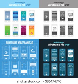 Mobile wireframe app ui kit 39. Profile settings screen, social login screen, world map screen, welcome screen, tap to record screen, plan schedule tutorial screen, converter screen, stopwatch screen