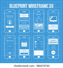 Mobile wireframe app ui kit 39. Profile settings screen, social login screen, world map screen, welcome screen, tap to record screen, plan schedule tutorial screen, converter screen, stopwatch screen