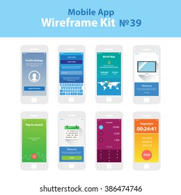 Mobile wireframe app ui kit 39. Profile settings screen, social login screen, world map screen, welcome screen, tap to record screen, plan schedule tutorial screen, converter screen, stopwatch screen