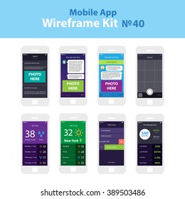 Mobile Wireframe App UI Kit 40. Search results screen, chat with friend screen, camera screen, weather world cities screen, day planner screen, time management screen.