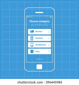 Mobile wireframe app ui kit. Choose category screen.