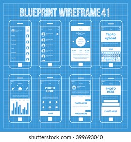 Mobile wireframe App UI Kit 41. Sidebar menu screen, friends list screen, profile screen, post new screen, statistics screen, share post screen, profile information screen, gallery screen.