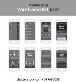 Mobile wireframe App UI Kit 41. Sidebar menu screen, friends list screen, profile screen, post new screen, statistics screen, share post screen, profile information screen, gallery screen.