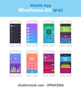 Mobile wireframe App UI Kit 41. Sidebar menu screen, friends list screen, profile screen, post new screen, statistics screen, share post screen, profile information screen, gallery screen.