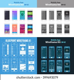 Mobile wireframe App UI Kit 41. Sidebar menu screen, friends list screen, profile screen, post new screen, statistics screen, share post screen, profile information screen, gallery screen.