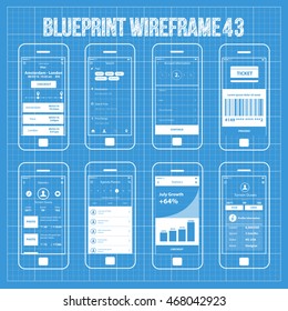 Mobile Wireframe App Ui KIt 43. Travel planner ticket screen, search screen, account information screen, ticket screen, statistic screen, agenda planner screen, username profile screen.