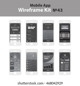 Mobile Wireframe App Ui KIt 43. Travel planner ticket screen, search screen, account information screen, ticket screen, statistic screen, agenda planner screen, username profile screen.