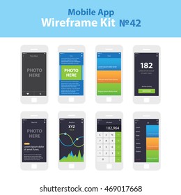 Mobile wireframe app ui kit 42. Photo album screen, blog post screen, feed screen, statistics screen, calculator screen, sidebar menu screen.