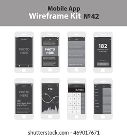 Mobile wireframe app ui kit 42. Photo album screen, blog post screen, feed screen, statistics screen, calculator screen, sidebar menu screen.